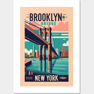 A Vintage Travel Art of the Brooklyn Bridge in New York - US Posters and Art